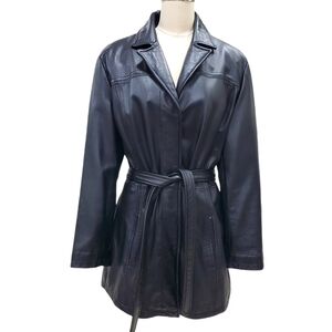 Women's Black Leather Belted Jacket - Sleek Tie-Waist Coat